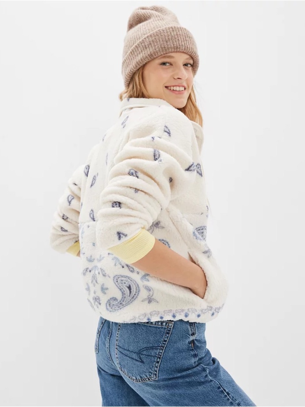 AE Cozy Fleece Paisley Bandana Quarter Snap Pullover Cream Blue